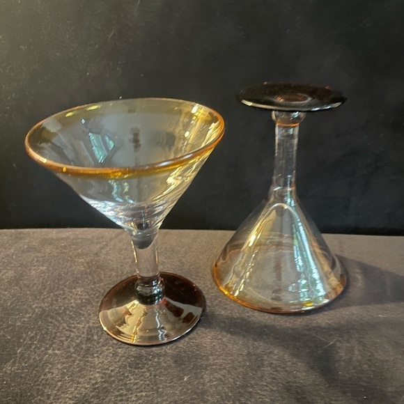 2 Amber Rimmed Stemware Glass 6” Hand-blown Mexican clear bar pedestal Glasses - Picture 1 of 9